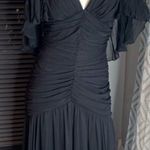 Casadei 1980s Black Ruched Turquoise Sequined Gatsby Deco Flapper Dress Cape 12 Photo 0