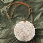 Round Woven wicker shell Bag crossbody in Cream and Tan new with defect Photo 0
