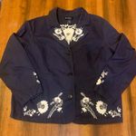 Denim&Co Jacket 1X Dark Blue Blazer with White Embroidered Floral Accents Photo 0