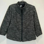 Eileen Fisher  Black White Linen‎ Tweed Leather Trim Zip Front Jacket Size L Photo 0
