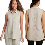 Cloth & Stone Sz L SPLIT BACK SLEEVELESS BUTTON DOWN LINEN SHIRT TUNIC KHAKI Photo 1