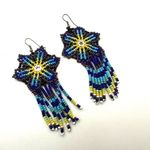 Blue yellow purple long beaded statement earrings Photo 4
