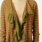 Anthropologie  Sparrow Traveling Stripes Linen Cardigan XS Ruffles Green Pink‎ Photo 0