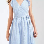 Loft  Wrap Midi Dress L Blue Eyelet 100% Cotton Ruffle Sleeves Summer Sundress Photo 0