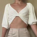 Urban Outfitters off white cropped twist Front ribbed raw hem 1/2 sleeve top Photo 0