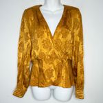 RONNY KOBO Top Womens Large Silk Satin Mustard Yellow Gold Floral Holiday Office Photo 2