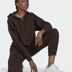 Adidas Crop Full Zip Dark Brown Hoodie Jogger Set Reversed Terry Lounge Fit Sz S Photo 0