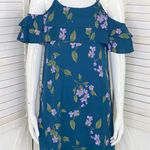 Mi Ami Francesca’s Floral Cold Shoulder Tiered Ruffle Shift Dress Teal XS Blue Photo 0