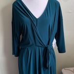 SuperFoxx Teal Faux Wrap pleated front stretch 3/4 sleeve jumpsuit Blue Size M Photo 5