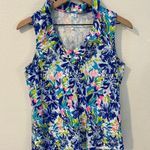 Beach Time Size S Vibrant Multicolor Abstract Floral Print Ruffle Split Neck Top Blue Photo 0