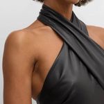 Milly  Women’s Raven Black Vegan Faux Leather Halter Neck Sz 6 Midi Dress BNWT Photo 2