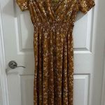 MakeMeChic Women's V Neck Floral Print A Line Midi Dress Mustard Yellow sz Small Photo 0