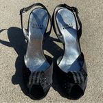Stuart Weitzman BLACK SATIN SLINGBACK PEEP TOE HEELS WITH RHINESTONE BOW size 6 Photo 1