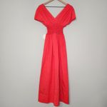 STAUD Jackson Hibiscus Red Smocked Midi Dress Cotton Poplin Holiday Fit & Flare Photo 7
