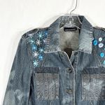 DKNY ‎ Small Jean Jacket Reworked Denim Hand Embroidered Bleached Distressed 509 Photo 4