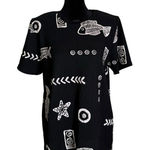 Artsy BOHO Black Top Women Size S Fish Doodle Print Crinkle Art To Wear Fashque Photo 0