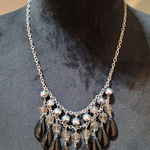 Women’s Black Teardrop Beaded Bib Necklace Silver Chain Faceted Crystal Accents Brown Photo 0