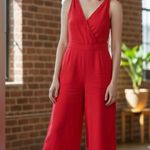 NWOT Level Eight Textured Crop Jumpsuit Tie Bow Detail Pockets Festive Small Red Photo 0