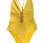 Tinibikini  Yellow Lace Up V-Neck Ribbed One-piece Swimsuit Photo 1