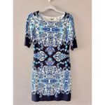 Eliza J  Paisley Dress Size 2 Navy White Porcelain Shift Boat Neck 2/4 Sleeve Photo 1