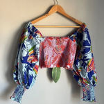 Farm Rio NEW  Mixed Birds Puff-Sleeve Smocked Crop Top Photo 2