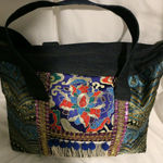 Denim Overnight Messenger Bag Ethnic Embroidery Travel Carry On Weekender Large Tote with Fringes Photo 1