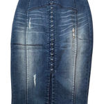 Bebe Vintage Distressed Latch & Hook Denim Pencil Skirt Slit 90s 4 Grunge Jean Photo 0