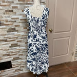 Magaschoni Tiered Linen Midi V-Neck Dress - Blue And White Floral Sz 6 Photo 4