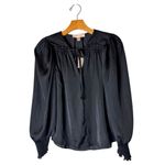 Philosophy  Shirt Women XS Black Satin Balloon Sleeve Ruffle‎ Tie Neck Blouse NWT Photo 0