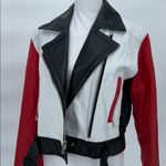 CHIA Colorblock Leather Moto Jacket Red White Black Belted Quilted Size M Size M Photo 4