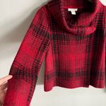 CHRISTIAN SIRIANO red black plaid single button cowl neck wool blend sweater Photo 3
