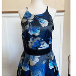Eliza J Black Blue Floral Jacquard Crisscross Halter Fit Flare Belted Dress sz 6 Photo 8
