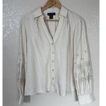 Tahari  Linen Blend Lace Eyelet Detail Collared Top Size Medium Photo 0
