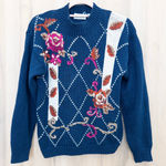 VTG Shenanigans Womens Embroidered Sweater Size S Navy Floral 90s Boho Fall Blue Photo 0