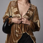 Anthropologie Long-Sleeve Velvet Lace Babydoll Top in an olive green/gold Size S Photo 0