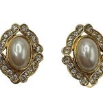 Vintage Gold Framed Pearl and Rhinestone Costume Earrings Large Statement Glam Photo 0