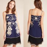 Anthropologie  Allaire Embroidered Slip Dress Sequin Floral Navy Blue Gold Size S Photo 1