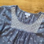 Liz Claiborne  Round Neck White Lace Neckline Blue Patterned Blouse Photo 2