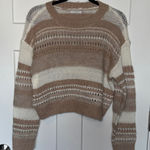 Lush Clothing NWT Lush Tan Striped Crochet Knit Crew Neck Fuzzy Sweater - Cream Taupe Multi Photo 0