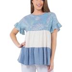 Unbranded NWOT Ruffle Sleeve Babydoll Light Blue Sequin Ivory Denim Blue Top SM Photo 0