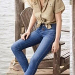 Madewell Embroidered Tie Front Safari Shirt Womens Small Floral Tan Camp Western Photo 0