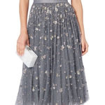 Needle & Thread Comet Midi Dress Size 2 XS Blue Gray Lavender Beaded Open Back Photo 0