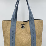 Victoria's Secret Straw Beach Tote Bag Large Weekender Travel Logo Blue Beige Photo 0