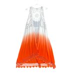 Crochet Lace Trim Kimono Vest Womens Medium Orange White Ombre Duster Boho Chic Photo 1