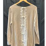 Elle Womens Sweater Sz XL Light Grey Beige Scallop Neckline Lace Cottagecore Photo 3