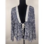 Free People anissa bed jacket medium blue eyelet boho Blouse Lace Tie Photo 1