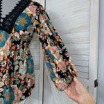 Angie Boho Floral Lace Trim Neck Tunic Blouse Black Multi Medium Photo 5