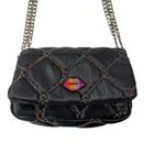 Betsey Johnson  Quilted Bag Rhinestone Lips Rainbow Stitching on Black Photo 2