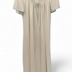 Vintage 80s Nightgown Cream Satin Quilted Embroidered Flowers Made in the USA Green Size M Photo 0