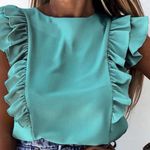 NEW Claudia G Aqua Blue Orchid Ruffle Top Open Bow Tie Back Flutter Sleeves L Size L Photo 2
